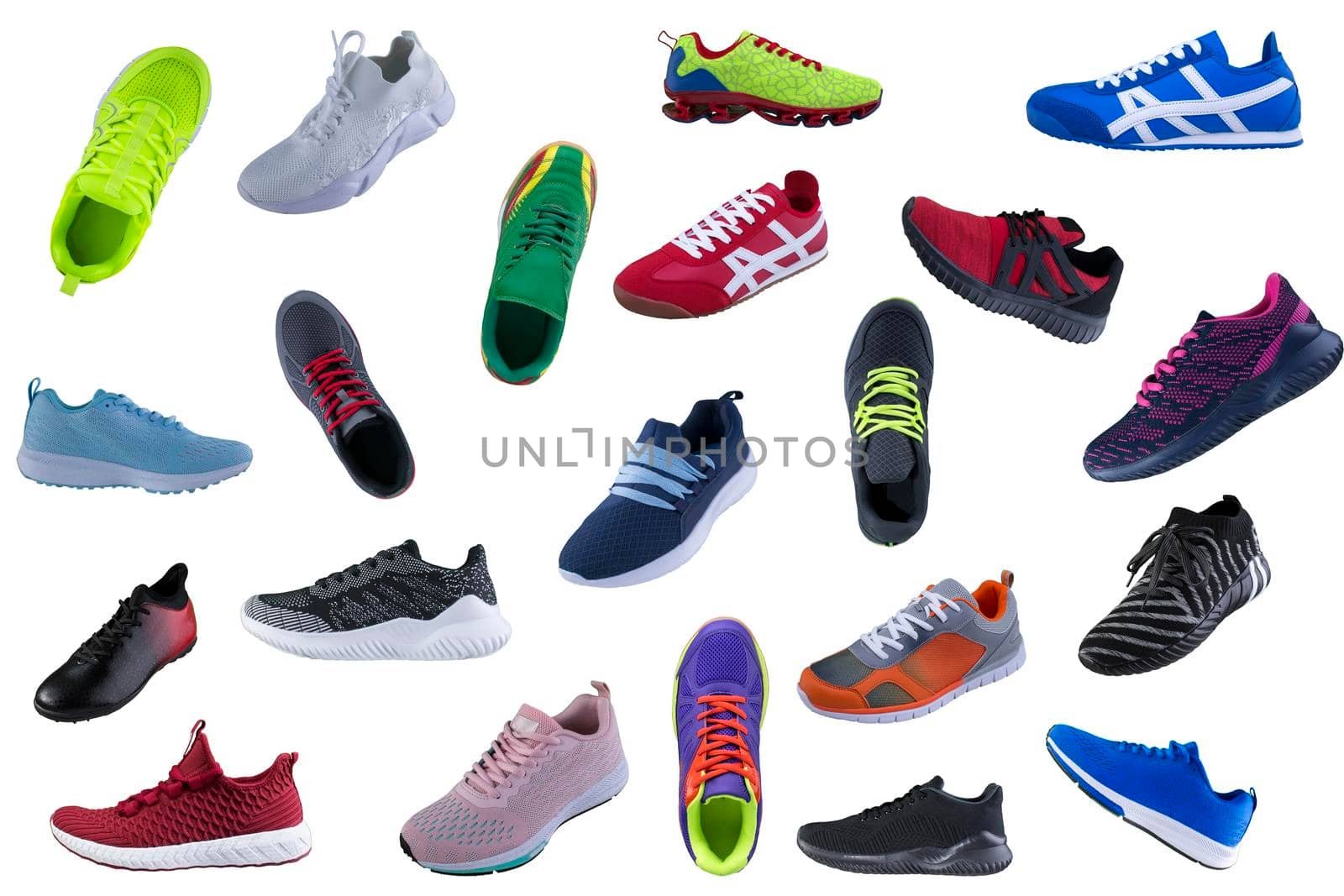 A lot of sneakers on a white background. Sport shoes