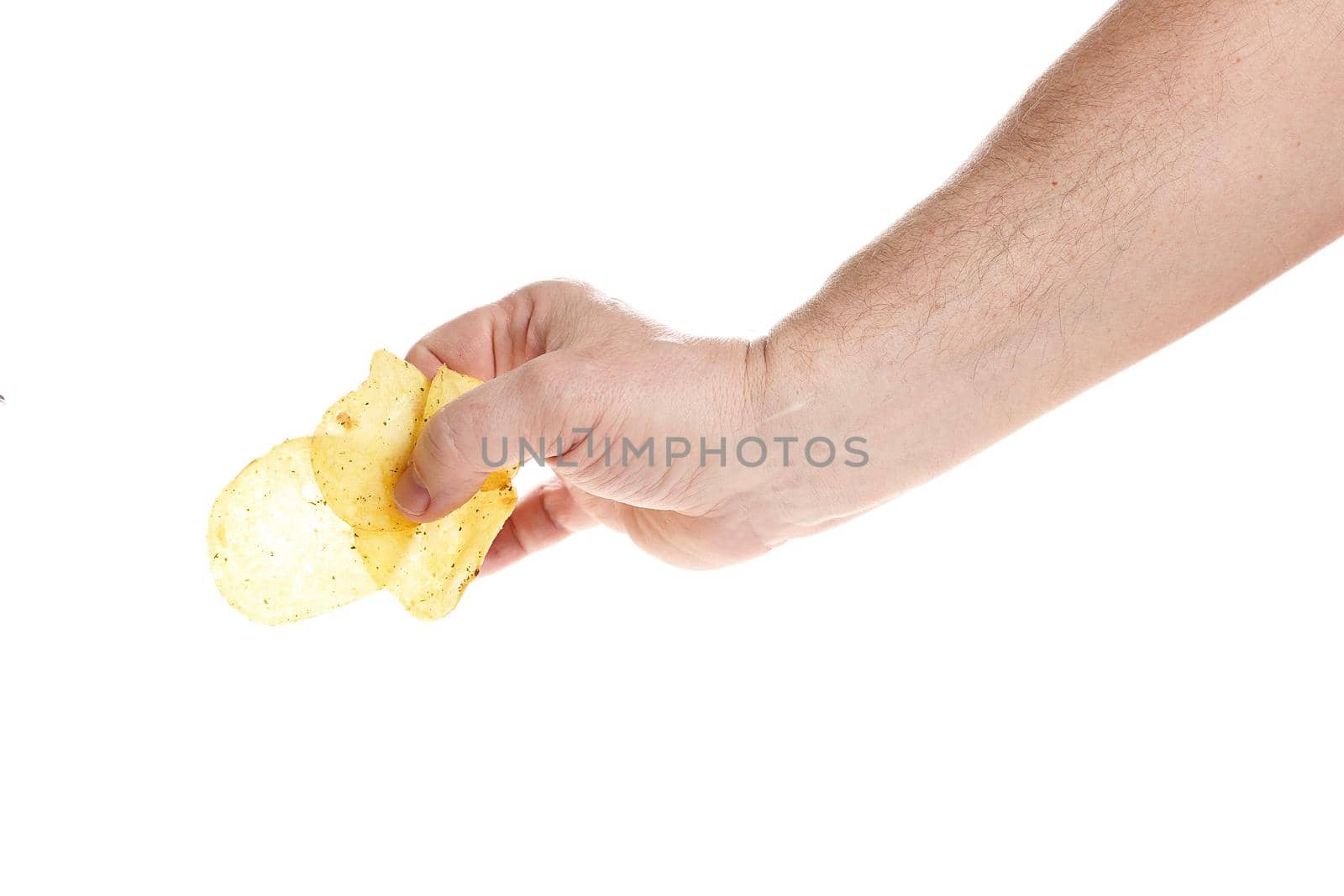 Hand holds chips on a white background, a template for designers.