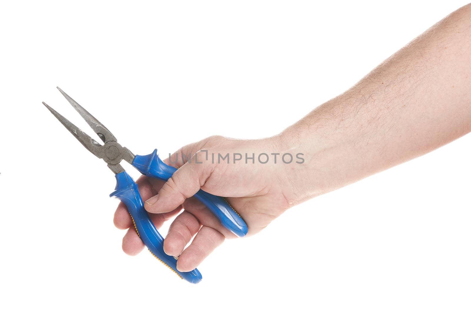 Hand holds pliers on a white background, template for designers. Close up