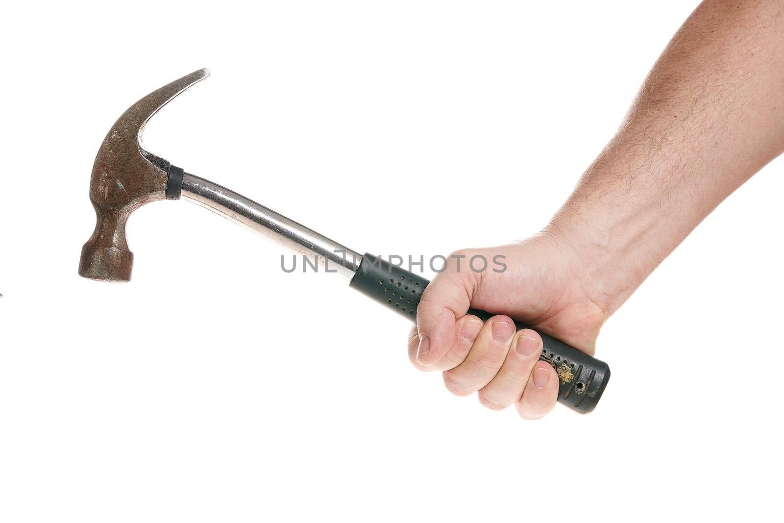 Hand holds a hammer with a bent handle on a white background by vizland