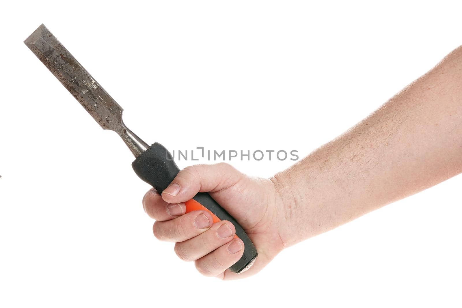 Hand holds a chisel on a white background, template for designers. by vizland