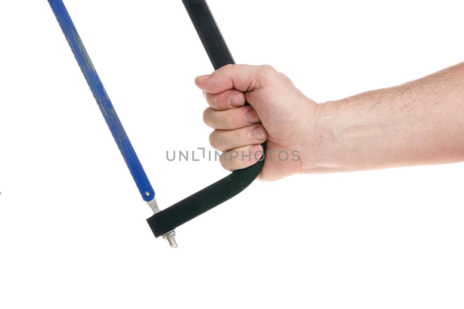 Hand holds a hacksaw on a white background, a template for designers. by vizland