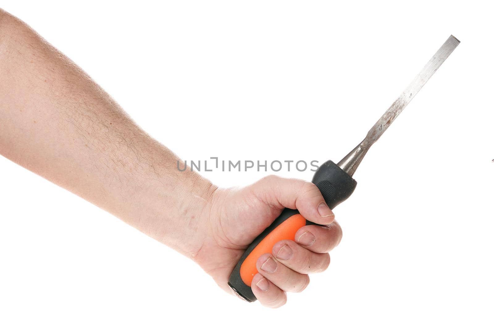Hand holds a chisel on a white background, template for designers. Close up