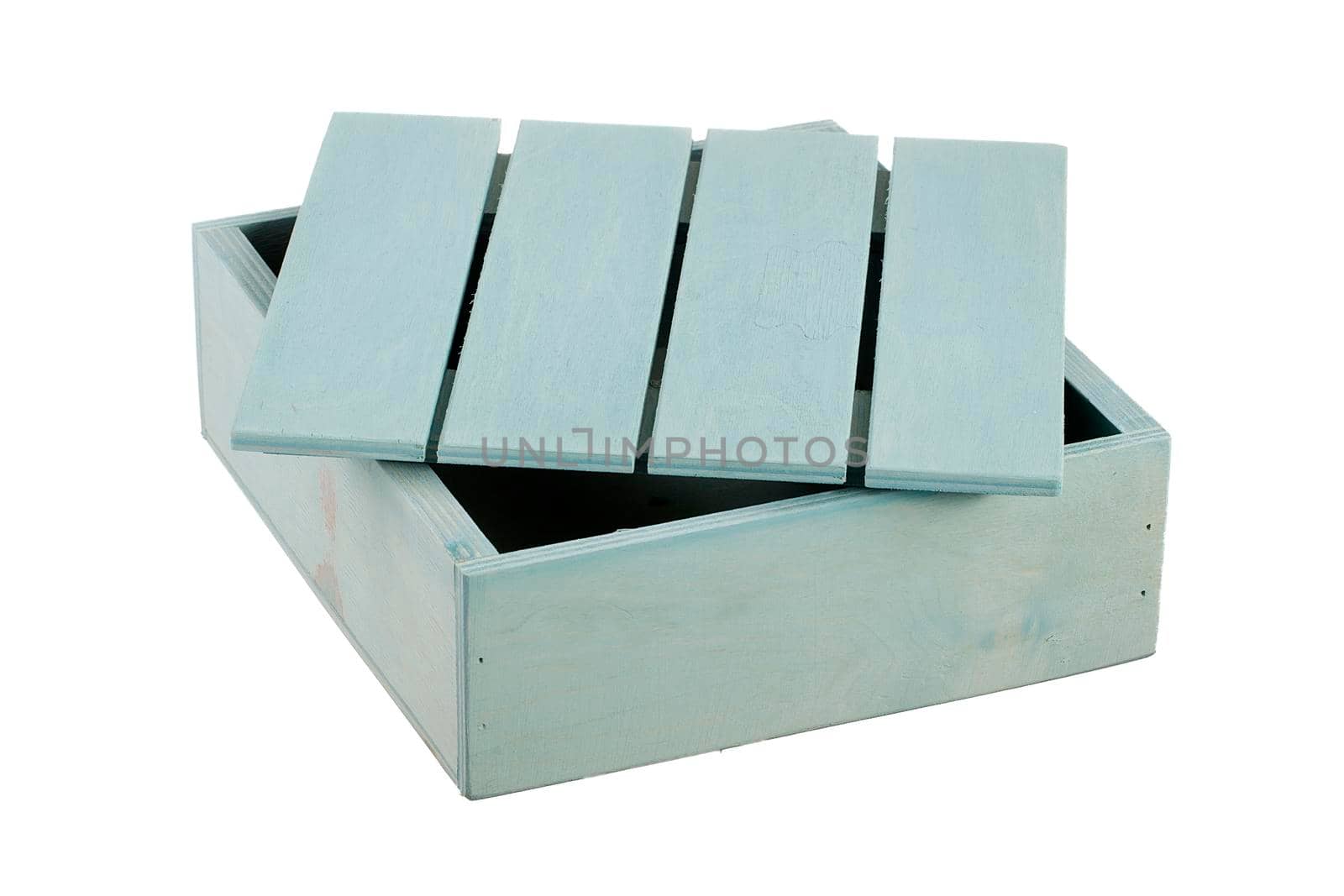Wooden box with a lid on a white background. Turquoise storage box