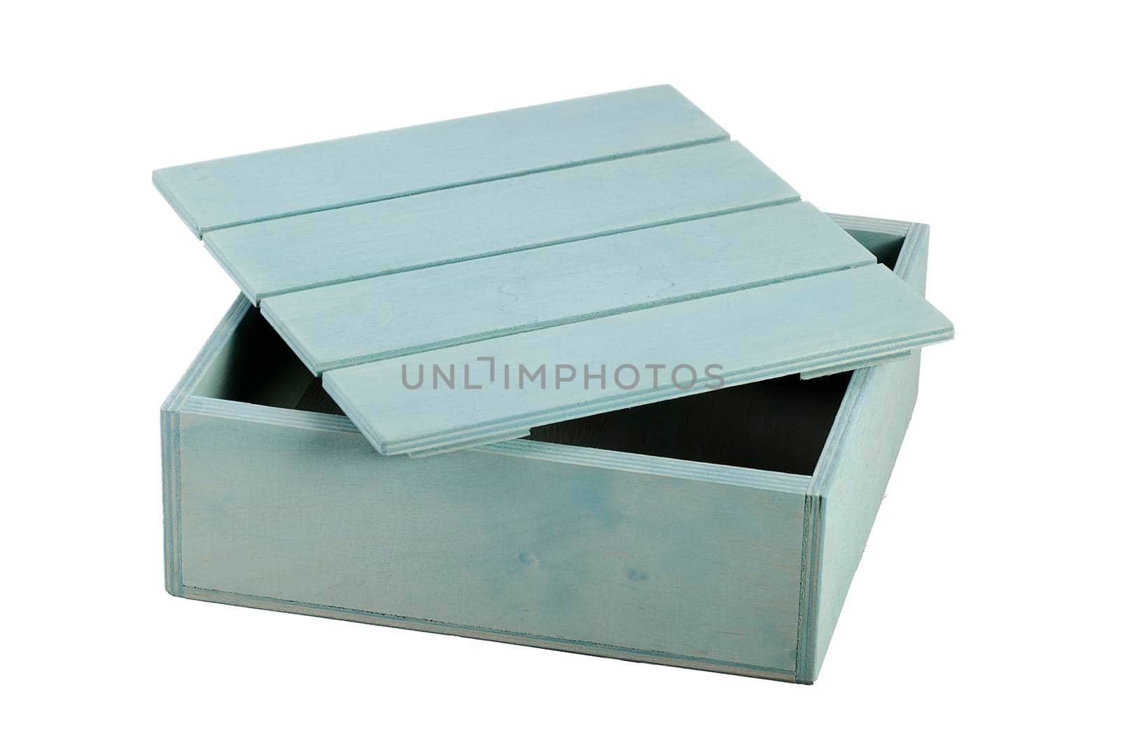 Wooden box with a lid on a white background. Turquoise storage box