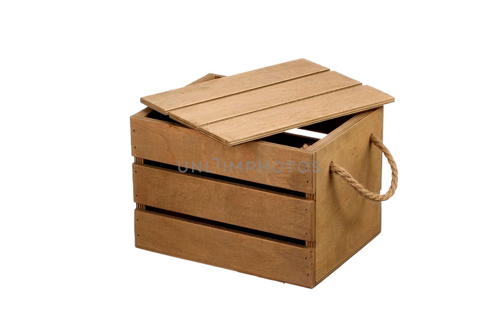 Wooden box with a lid on a white background. Storage box