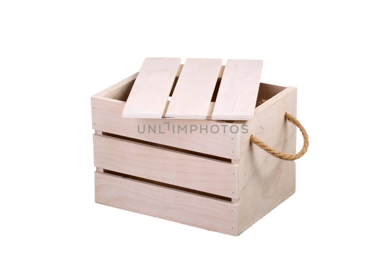Wooden box with a lid on a white background. Storage box