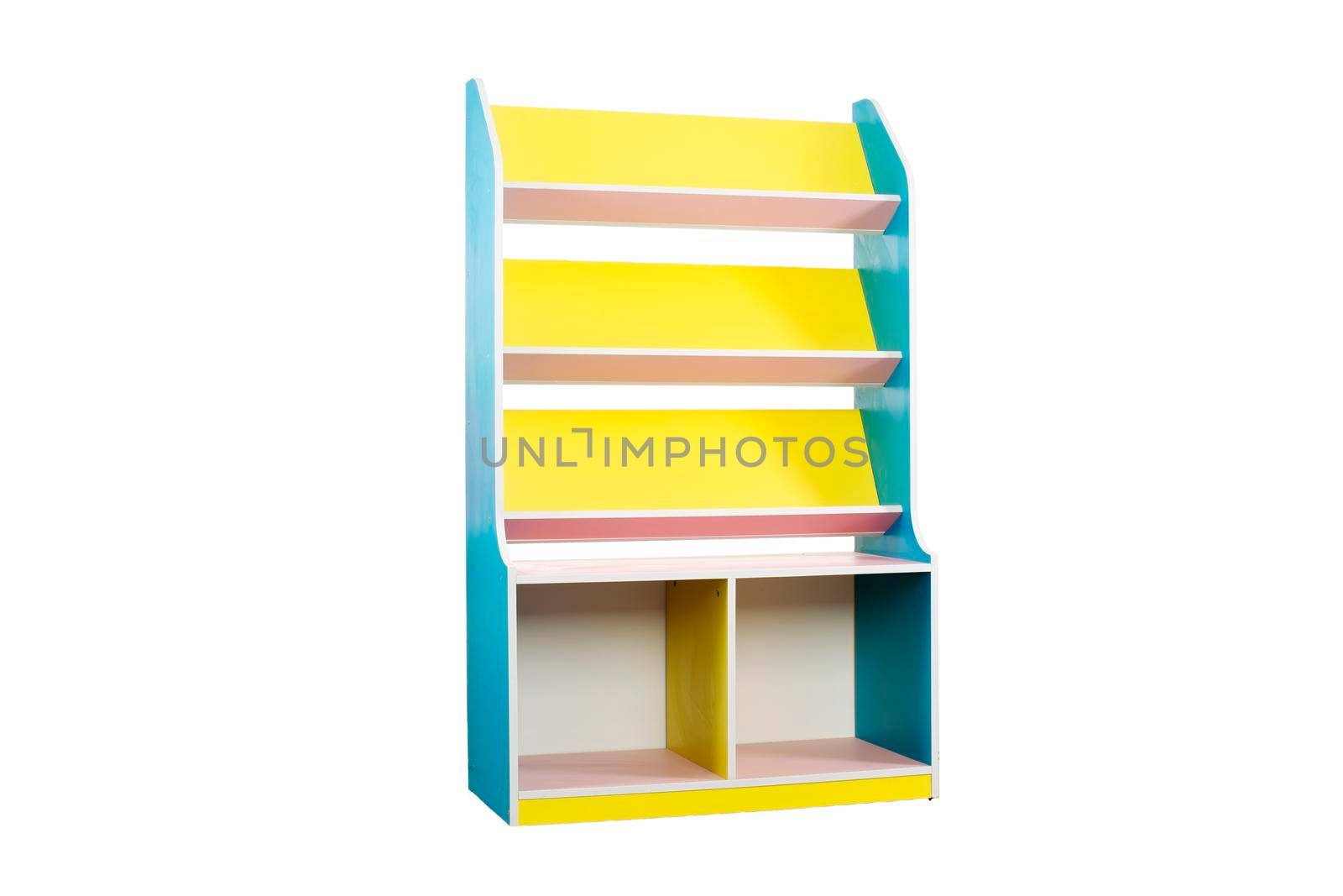 Multi-colored wardrobe with shelves on a white background