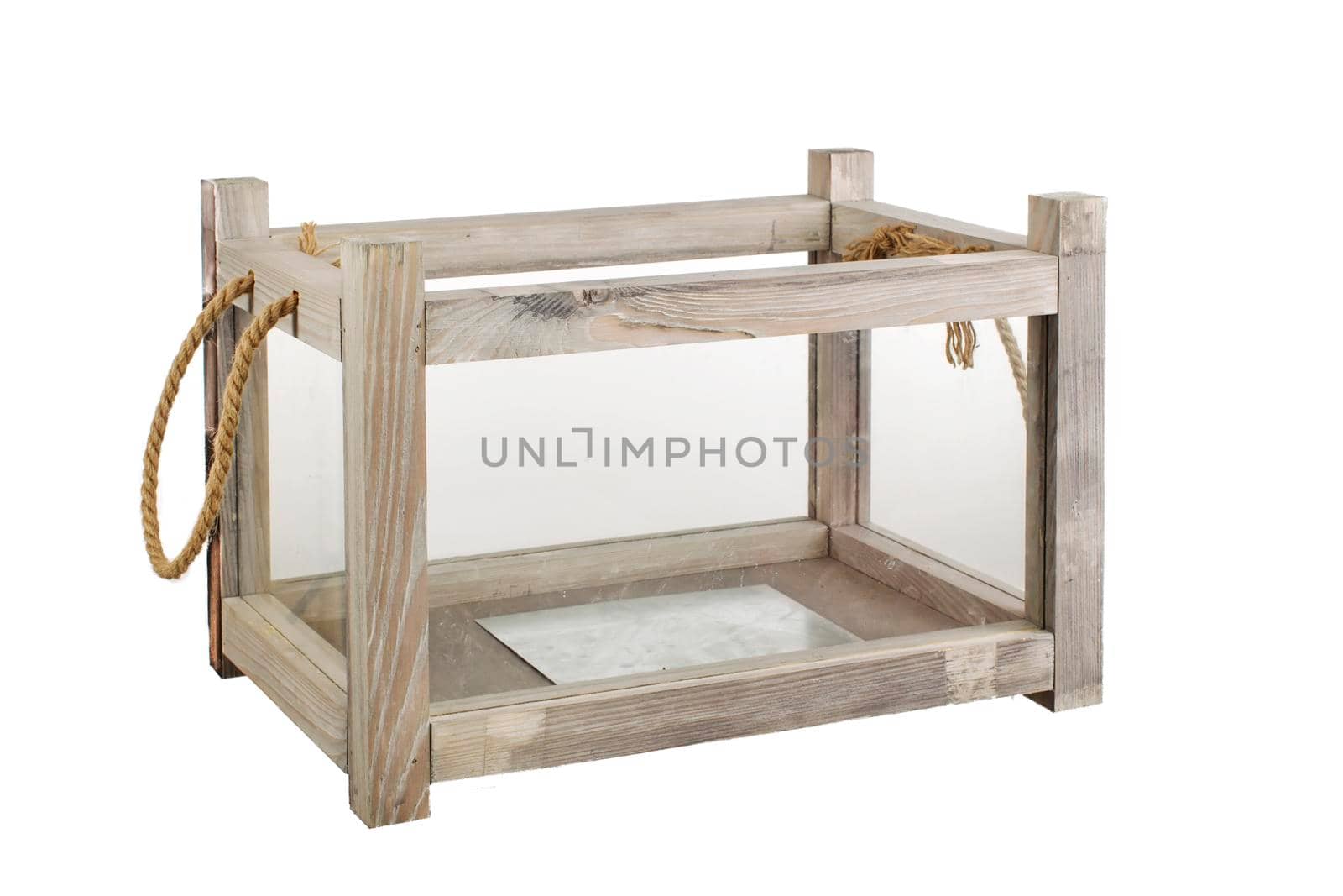 Wooden box with glass on a white background