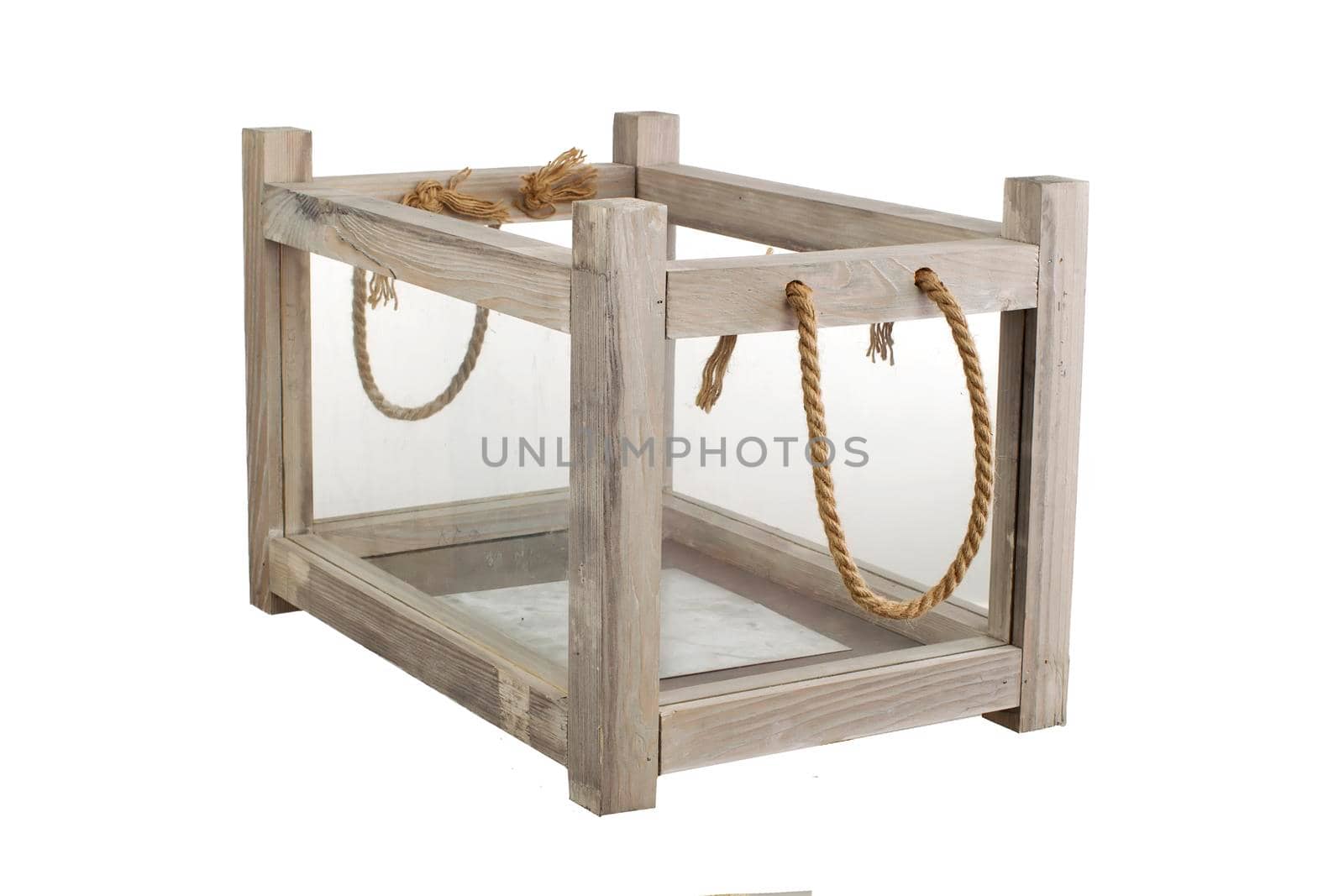 Wooden box with glass on a white background