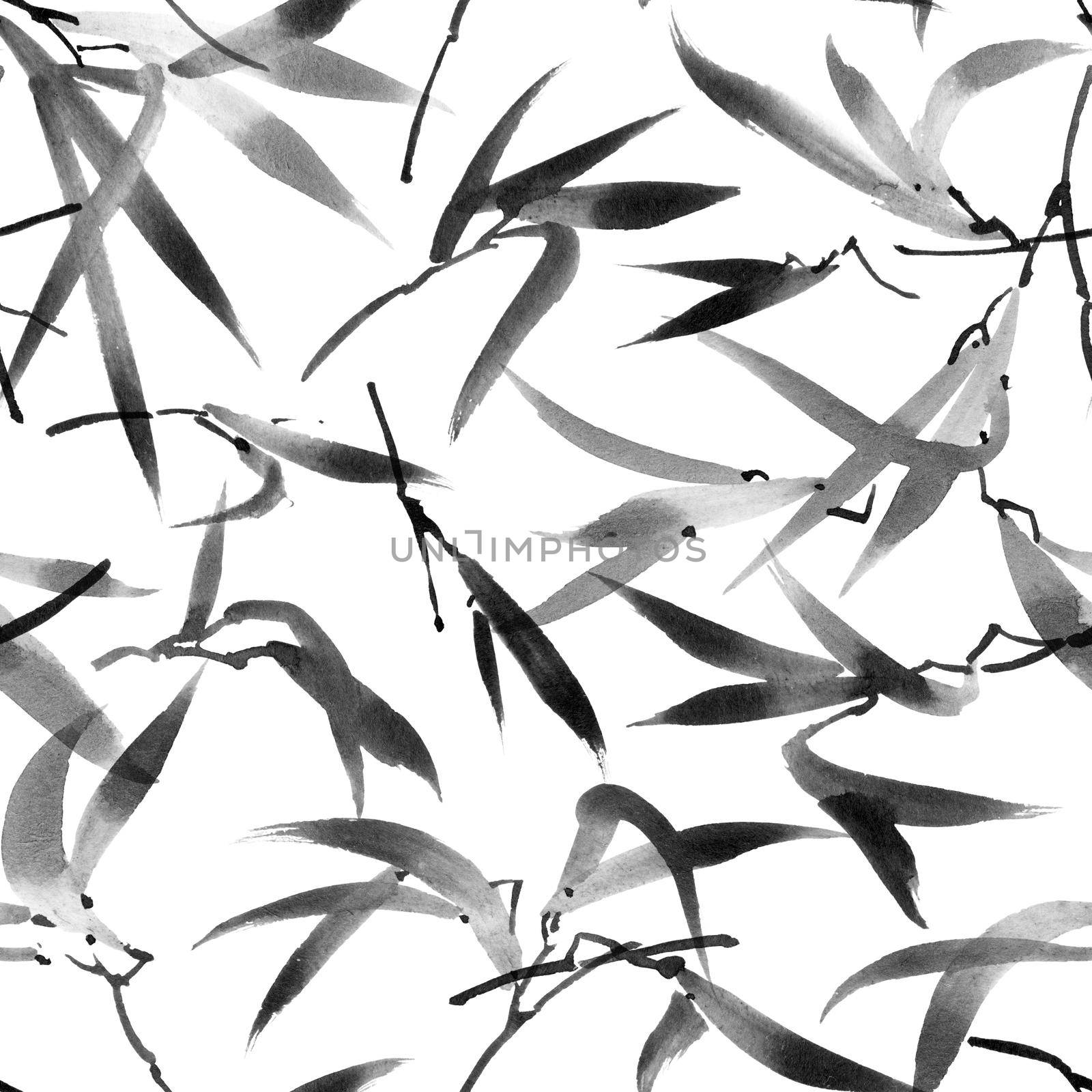 Watercolor illustration of bamboo leaves on white background. Oriental traditional painting, sumi-e. Seamless pattern.