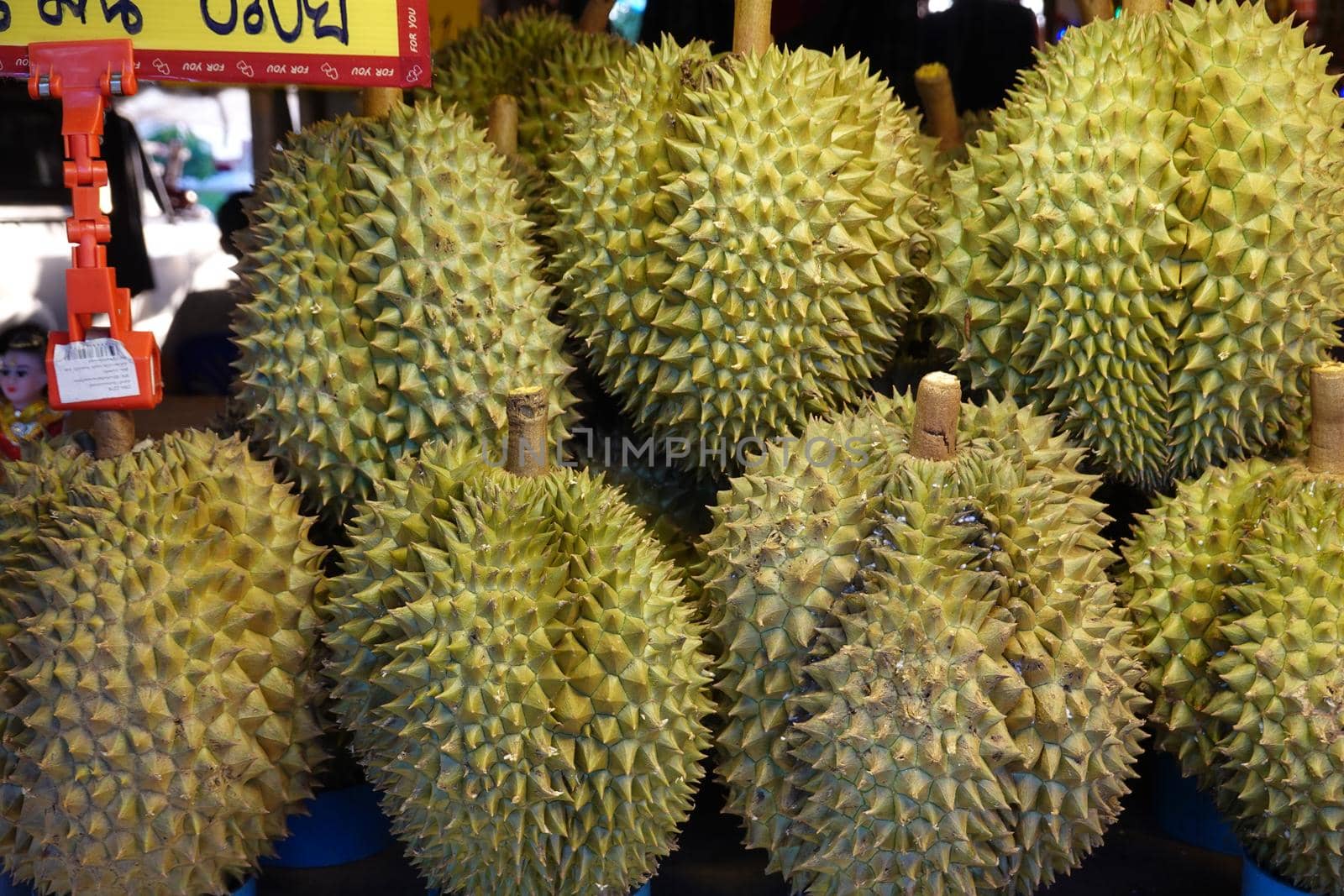 Basket full of durians at Talad Thai fruits market. by chuanchai