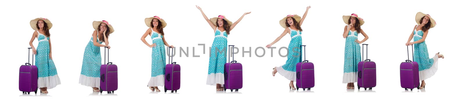 Woman traveller with suitcase isolated on white