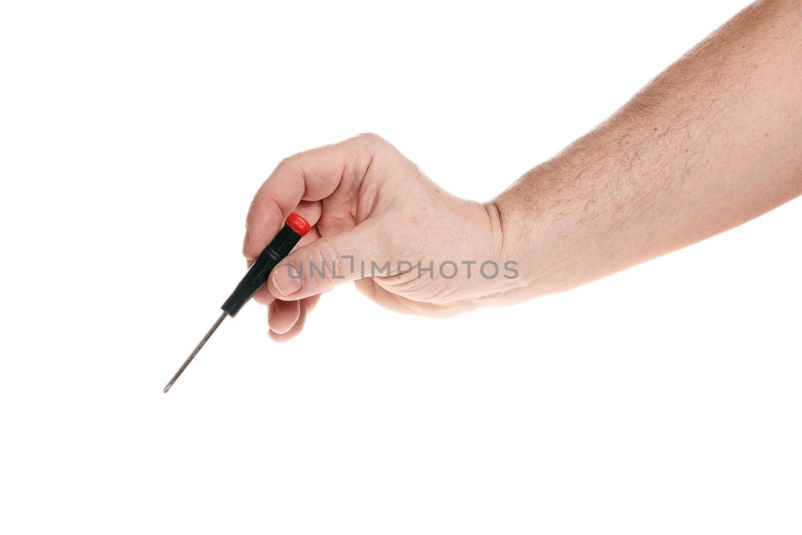 Hand holds a screwdriver on a white background, a template for designers. Close up