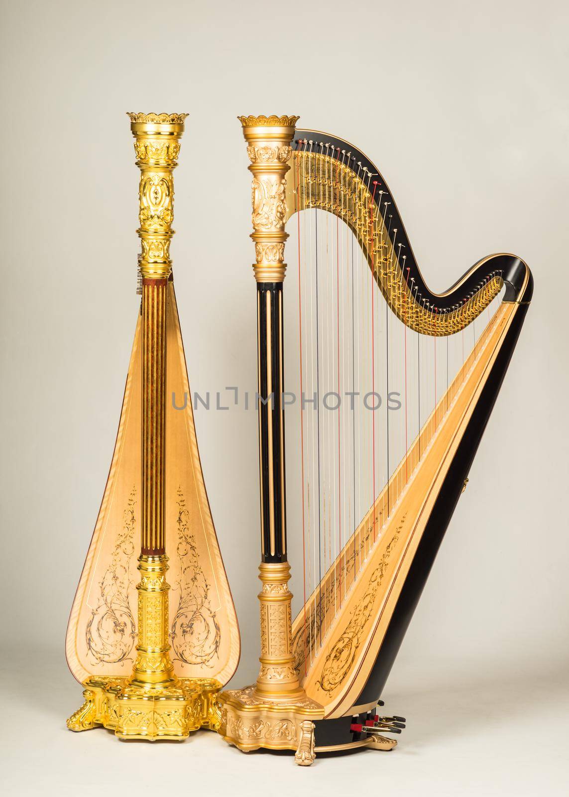 Two Lyon and Healy Pedal harps in bronze and gold by LeoniekvanderVliet