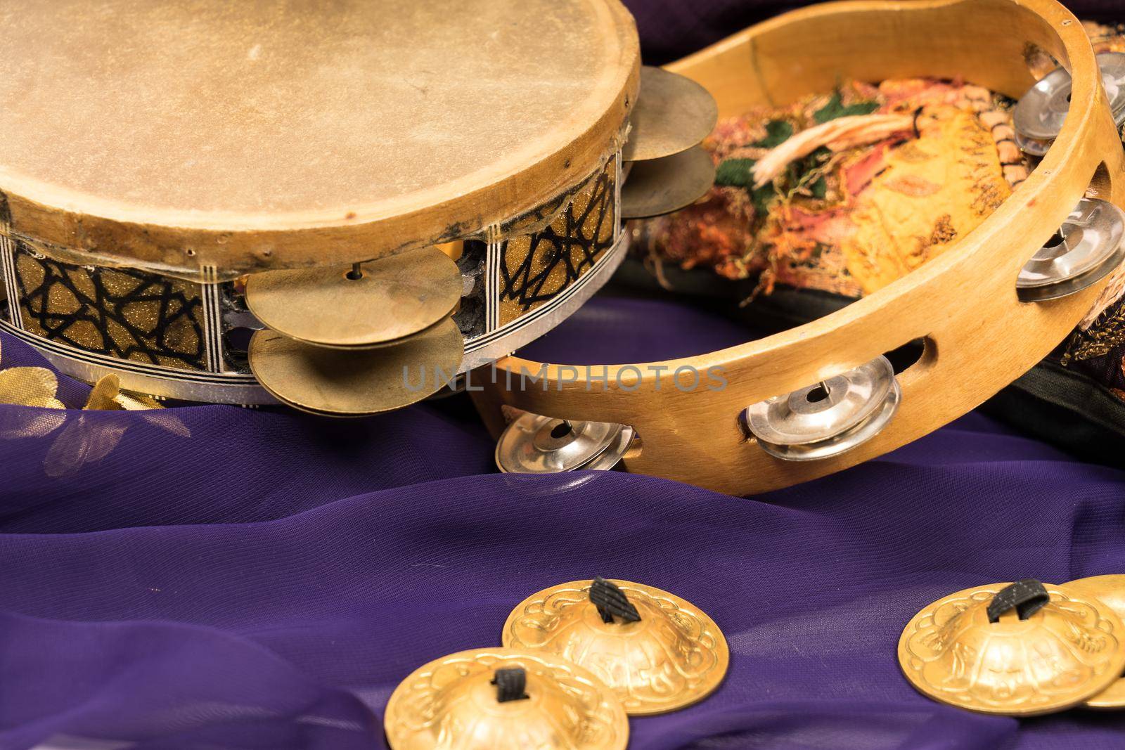 musical instruments of a bellydance percussiongroup with darbuka's, tambourines and zills