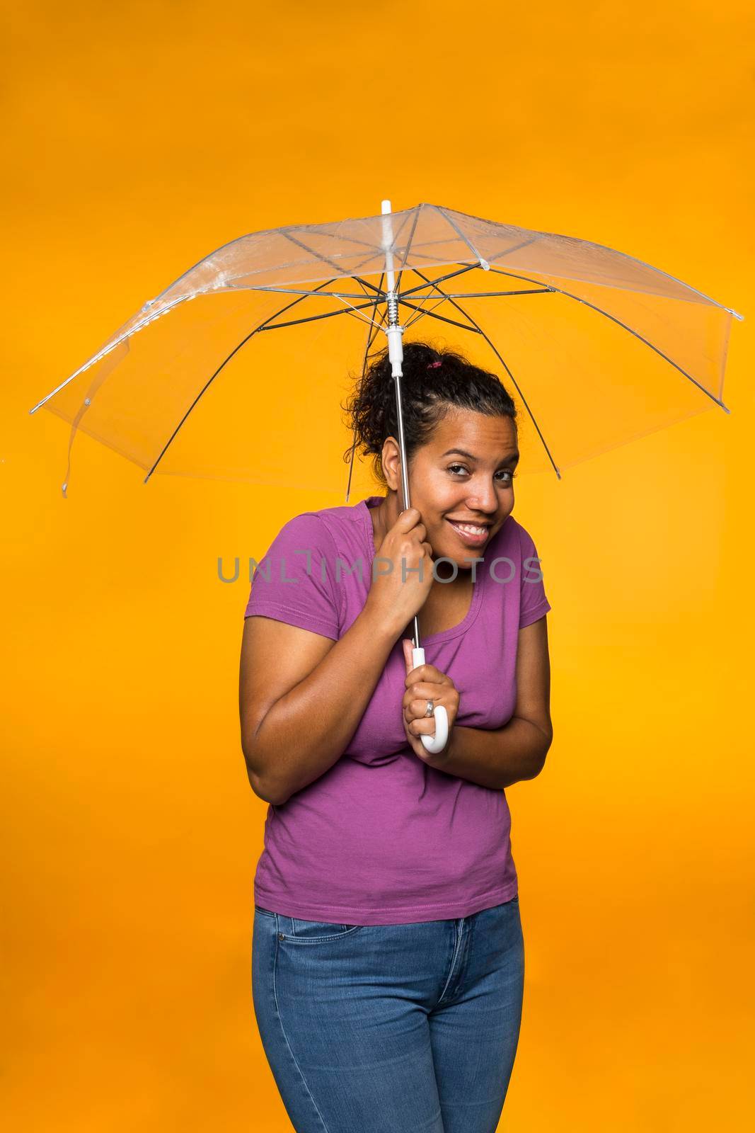 young attractive mixed race woman holding an umbrella wearing a purple shirt against a yellow background by LeoniekvanderVliet