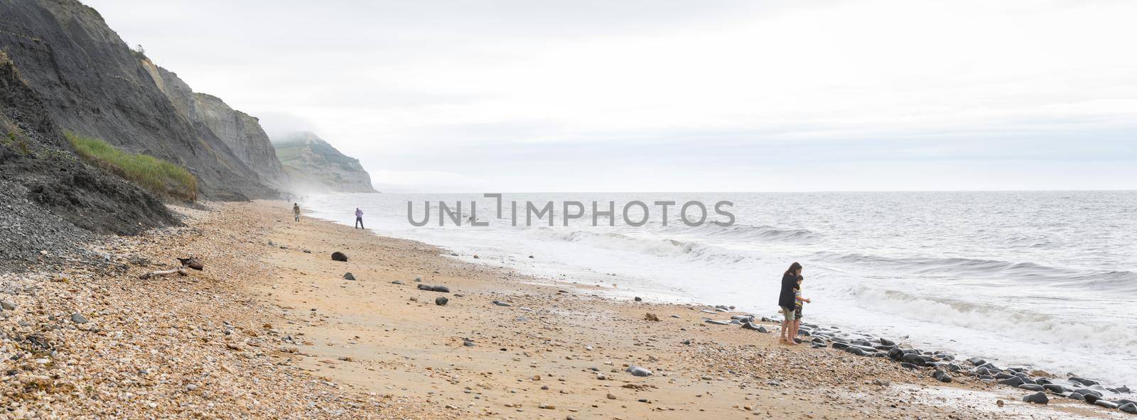 Charmouth, Dorset, England, UK. June 24 2017. Unrecognisable people looking for fossils on the Jurassic Coast beach. by LeoniekvanderVliet