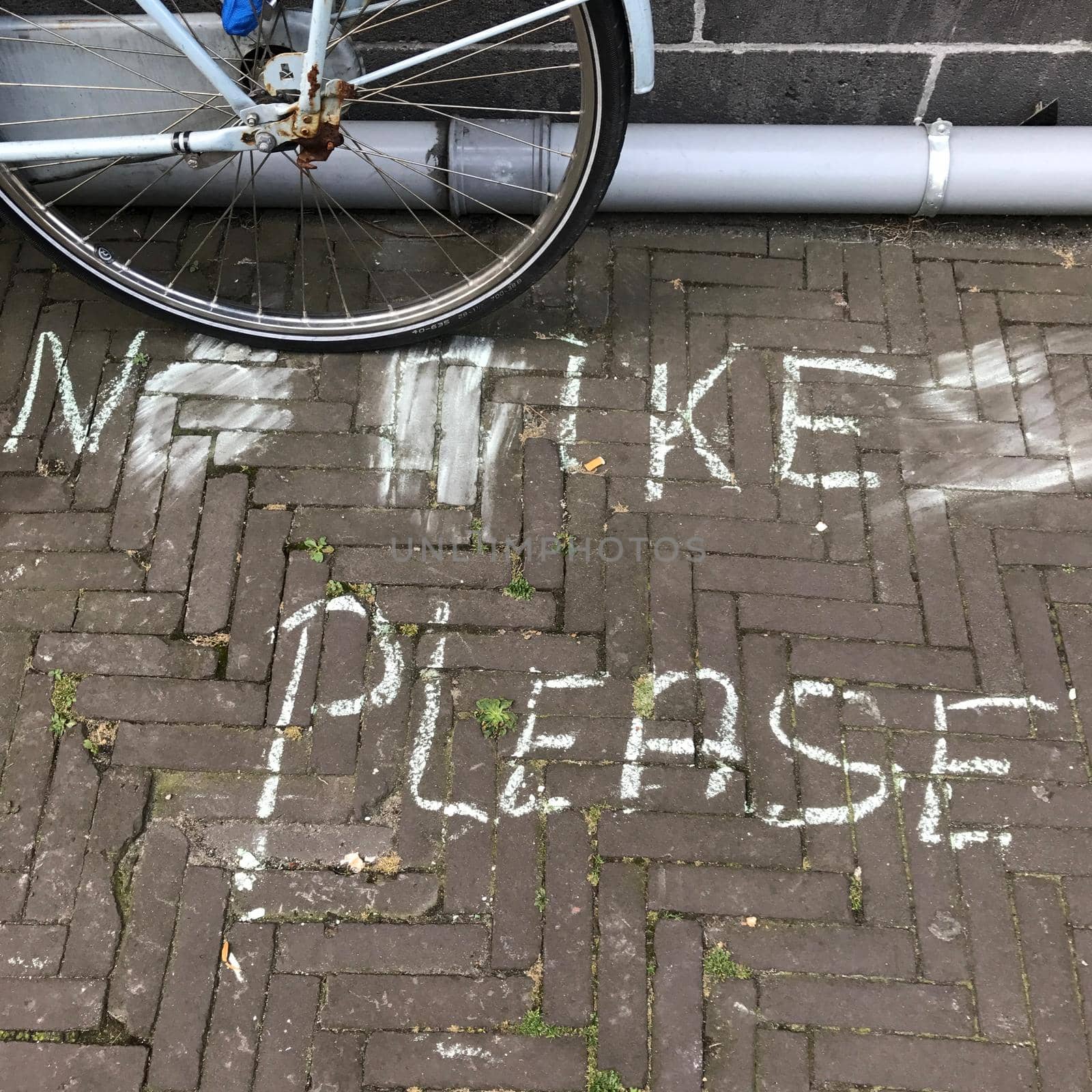 Pavement of small bricks with chalk letters reading ‘No bikes please’ and a parked bike showing disobedience