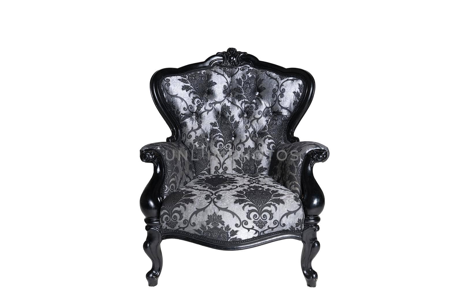 Classic baroque armchair with texture in silver and black isolated on a white background