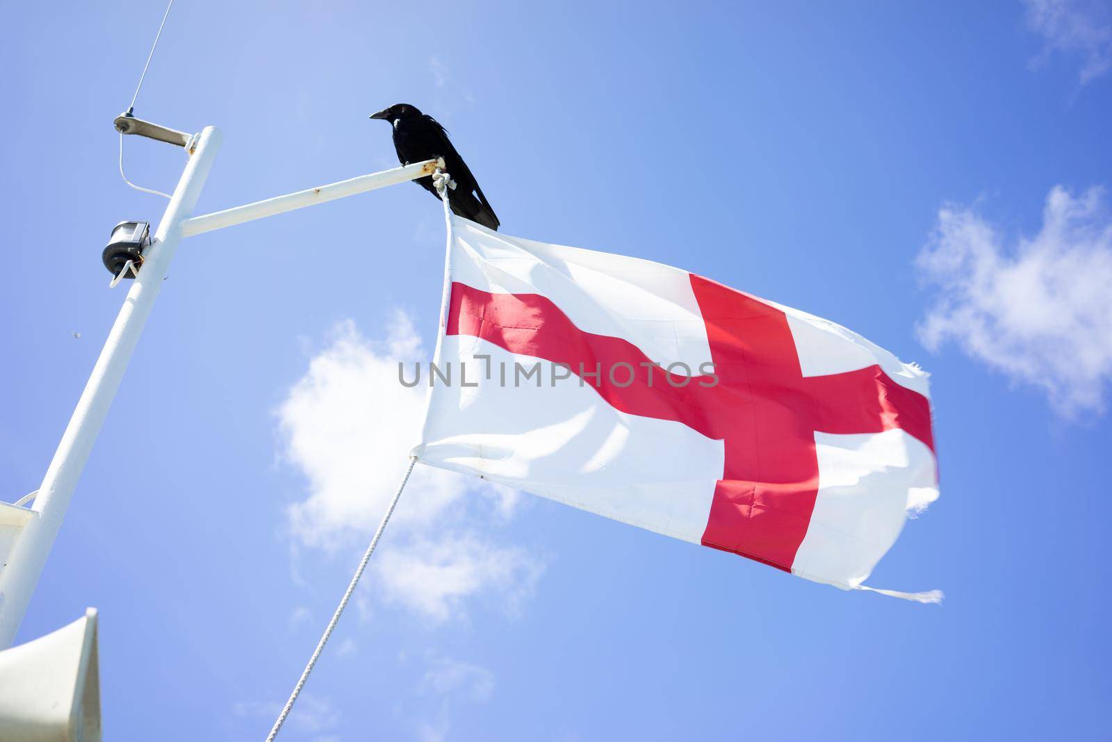 English flag on a flagpole with a crow sitting on it on a boat against a blue sky with soft clouds in the summer by LeoniekvanderVliet