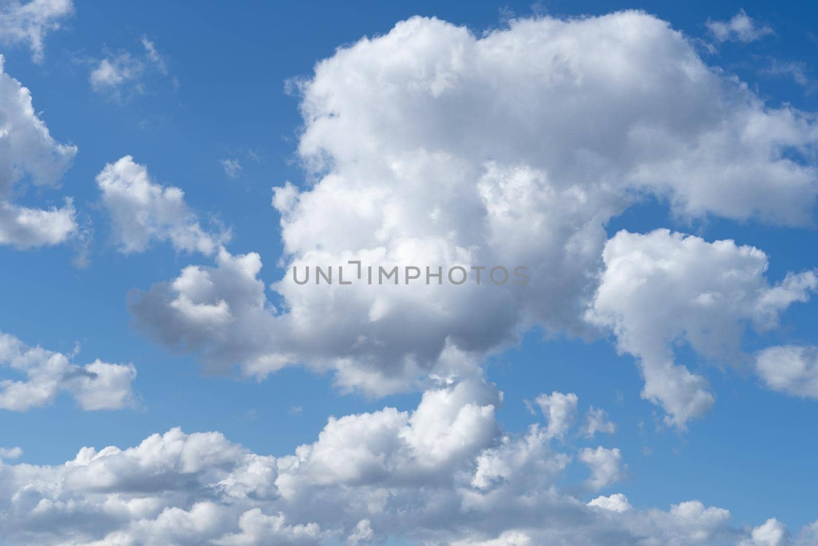 Skyscape with cumulus clouds in white and grey and a clear deep blue sky in the summer