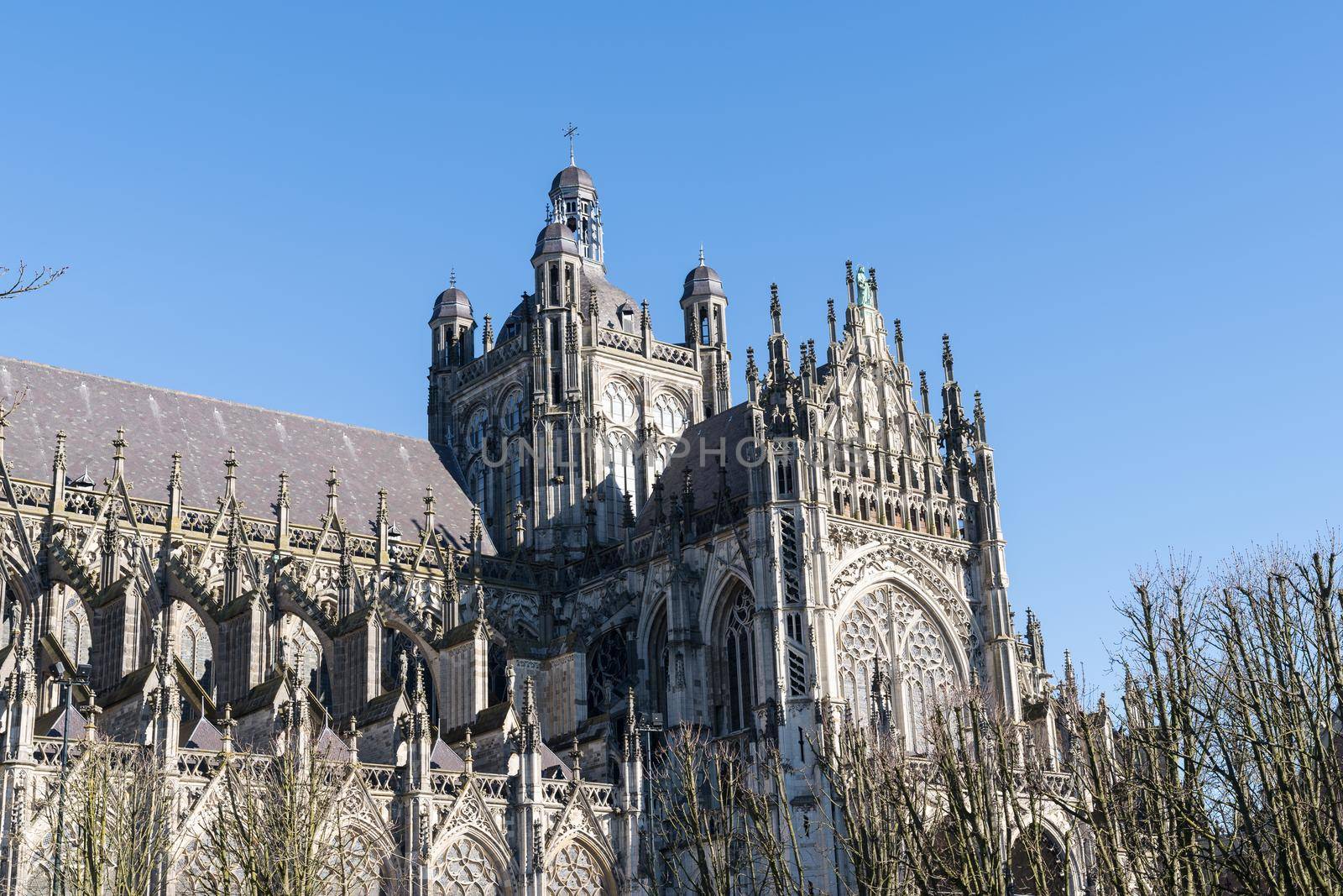 The tower, facade and roof of the Saint John Cathedral ( Sint Jans cathedraal ) in 's Hertogenbosch Den Bosch The Netherlands against clear blue sky