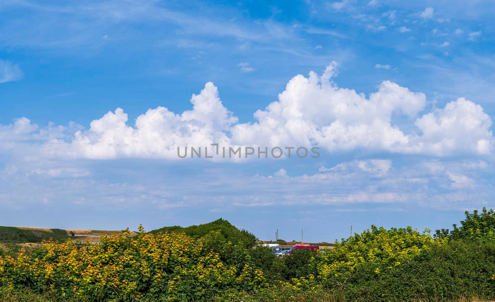 Cloudscape with large cummulus clouds over the rural countryside on the island of Portland, Dorset, England UK by LeoniekvanderVliet