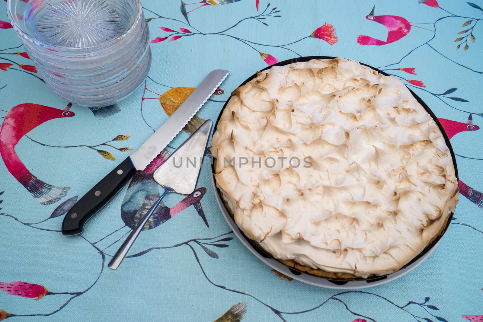 A cake with meringue frosting on a plate on a decorative set table outdoors top view by LeoniekvanderVliet