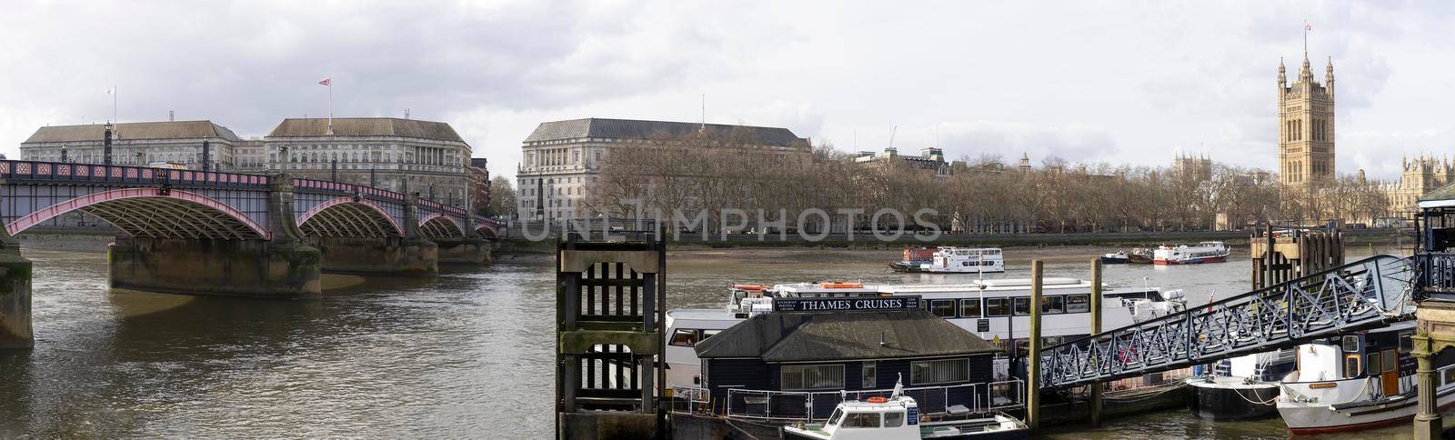 London / England - 03-06-2017 : View over the Thames from Lambeth Place showing Lambeth Bridge, MI5 Security Service Department for Environment and Houses of Parliament