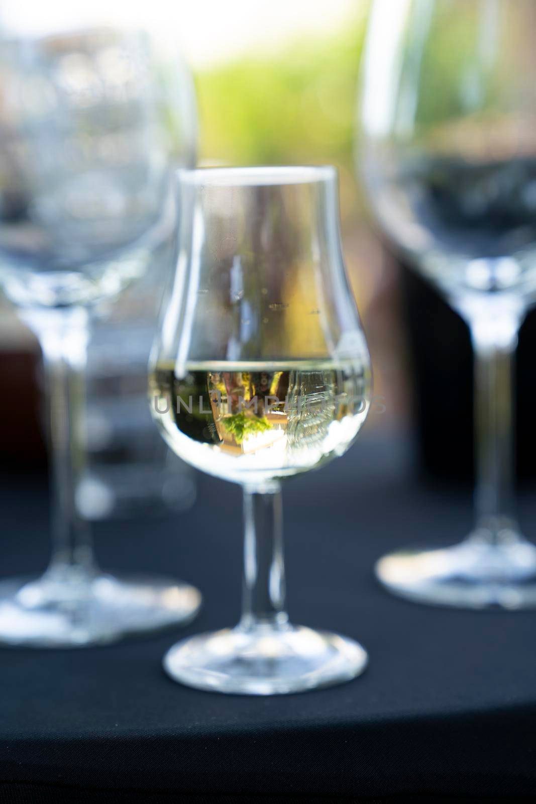 Glass with white wine standing at a table with reflections at an outdoor wine tasting by LeoniekvanderVliet