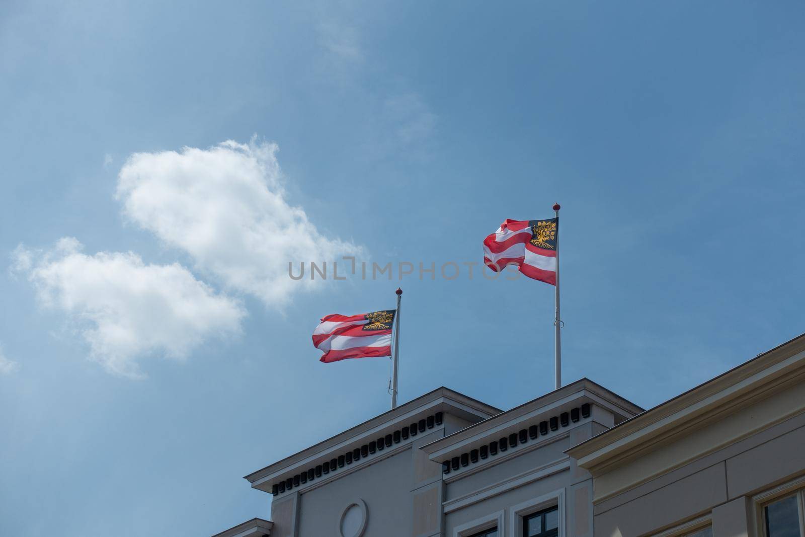 Two flags of the Duch city of 's-Hertogenbosch or Den Bosch, capital of the province Noord Brabant against a clear blue sky with clouds by LeoniekvanderVliet