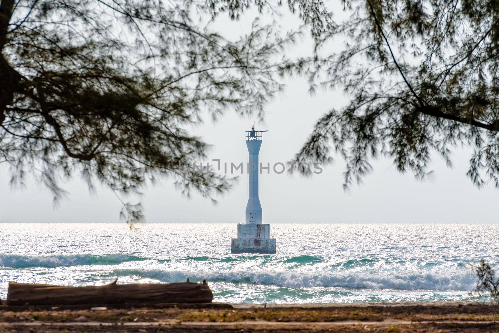 Beautiful nature landscape of the lighthouse on the sea beach and pine tree at Koh Tarutao, Tarutao National Park, Satun, Thailand