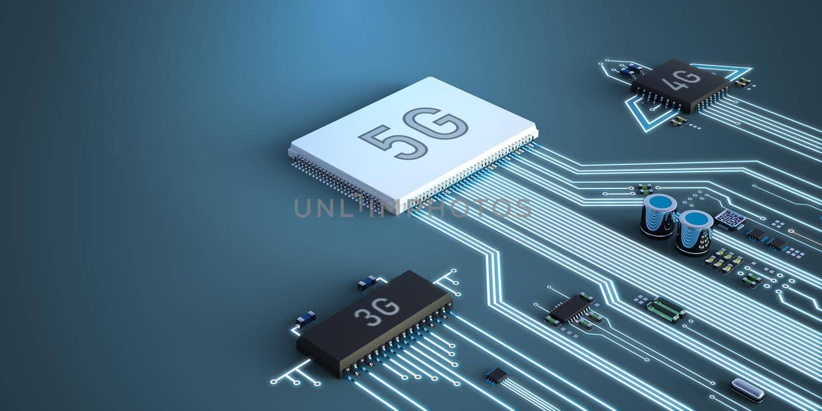 Abstract illustration of 5g, 4g, and 3g processors competing with each other. Ahead is a processor with 5g technology.