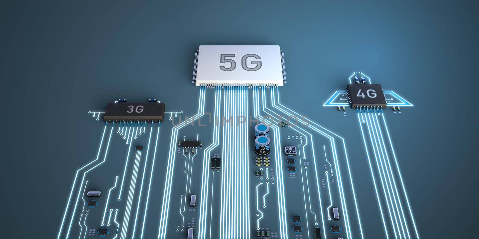 Abstract illustration of 5g, 4g, and 3g processors competing with each other. by JOHN_ik