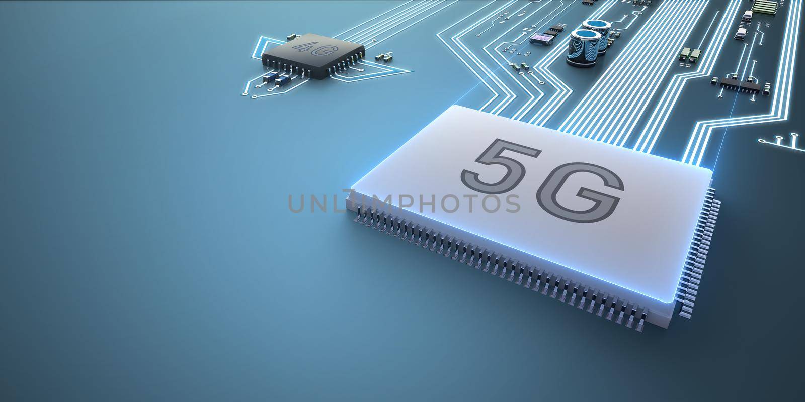 Abstract illustration of 5g and 4g processors competing with each other. Ahead is a processor with 5g technology.