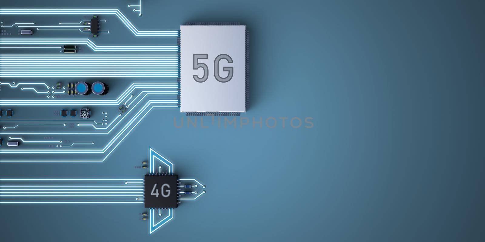 Abstract illustration of 5g and 4g processors competing with each other. by JOHN_ik