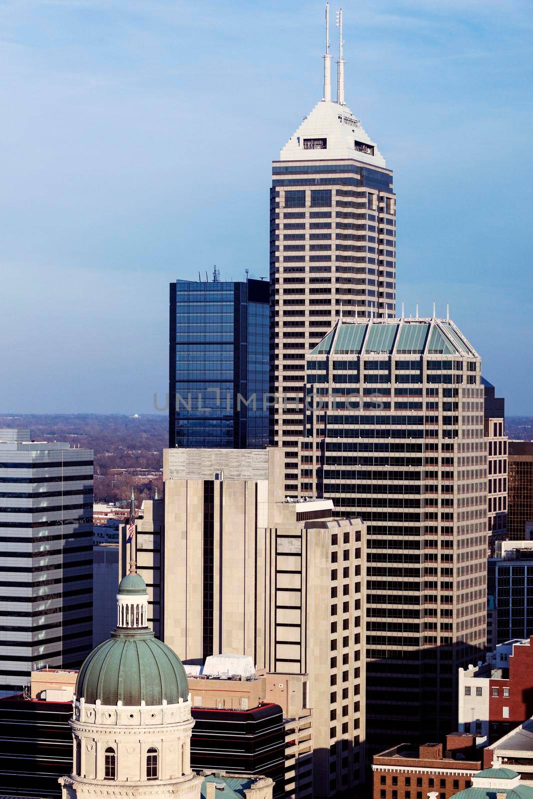 Skyline of the city with State Capitol Builidng. Indianapolis, Indiana, USA.
