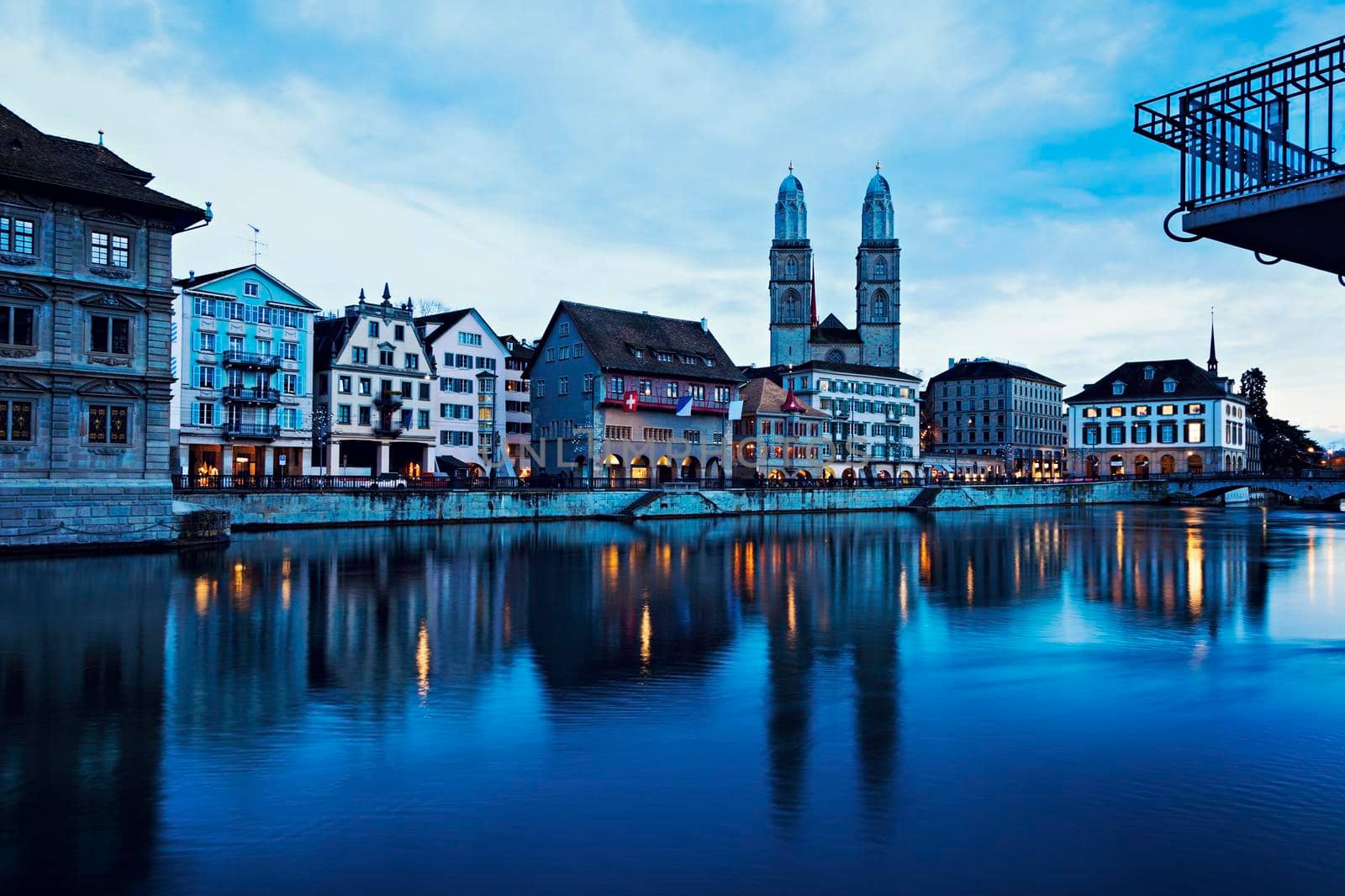 Grossmunster Church and Limmat River. Zurich, Switzerland