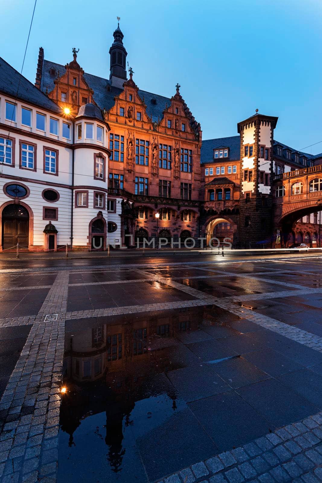 Paul's Square architecture at night. Frankfurt, Hesse, Germany