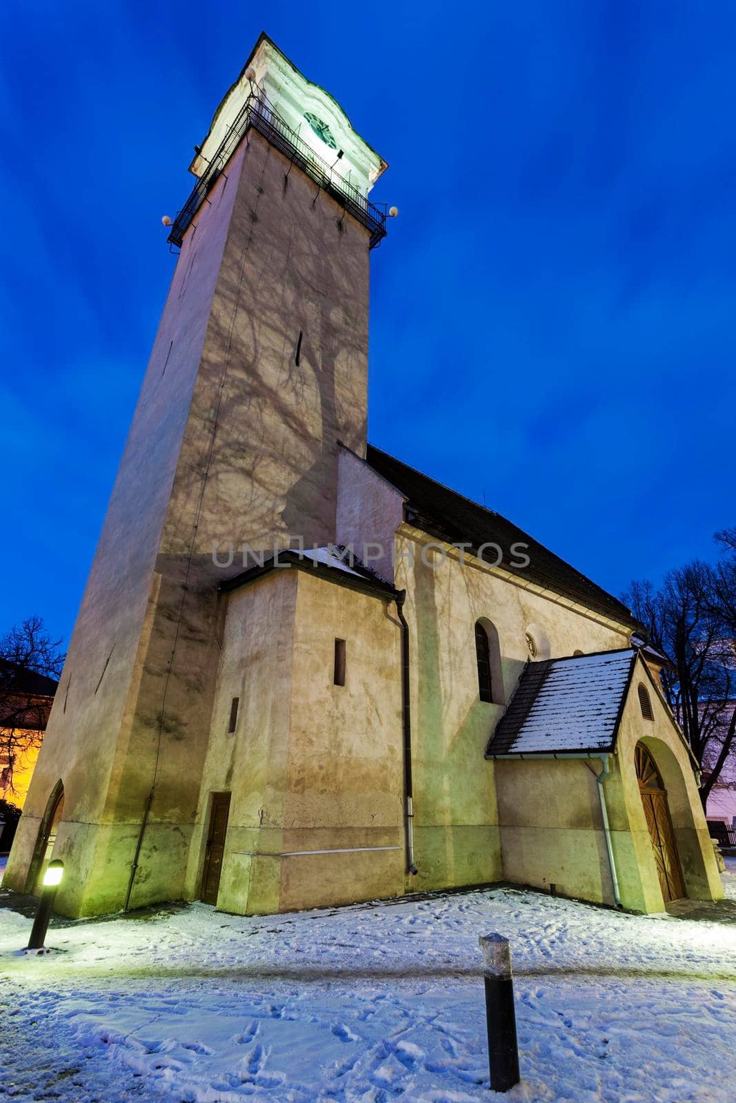 Church of St. Egidius in Poprad at night. Poprad, Slovakia