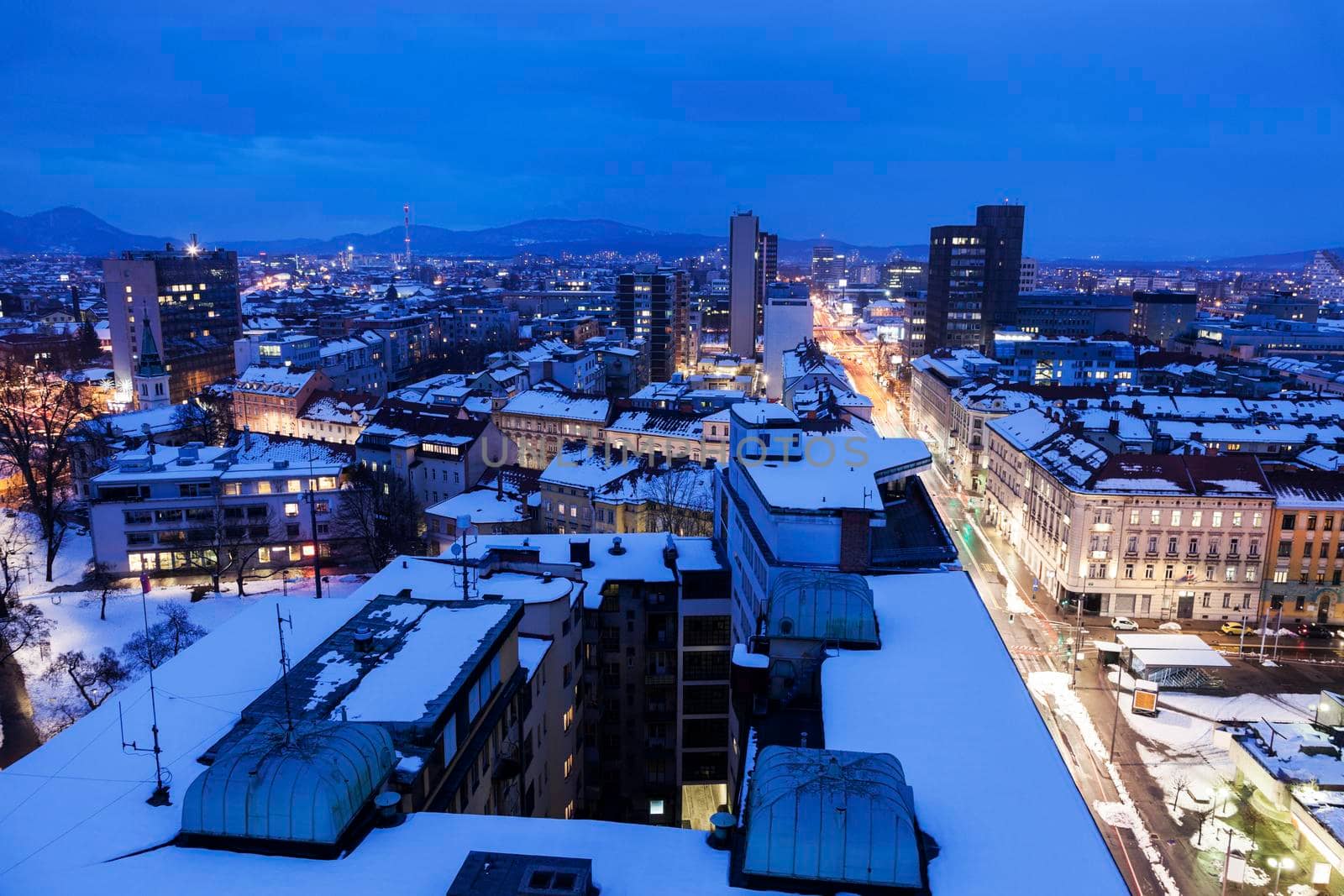 Panorama of Ljubljana at night. Ljubljana, Slovenia.