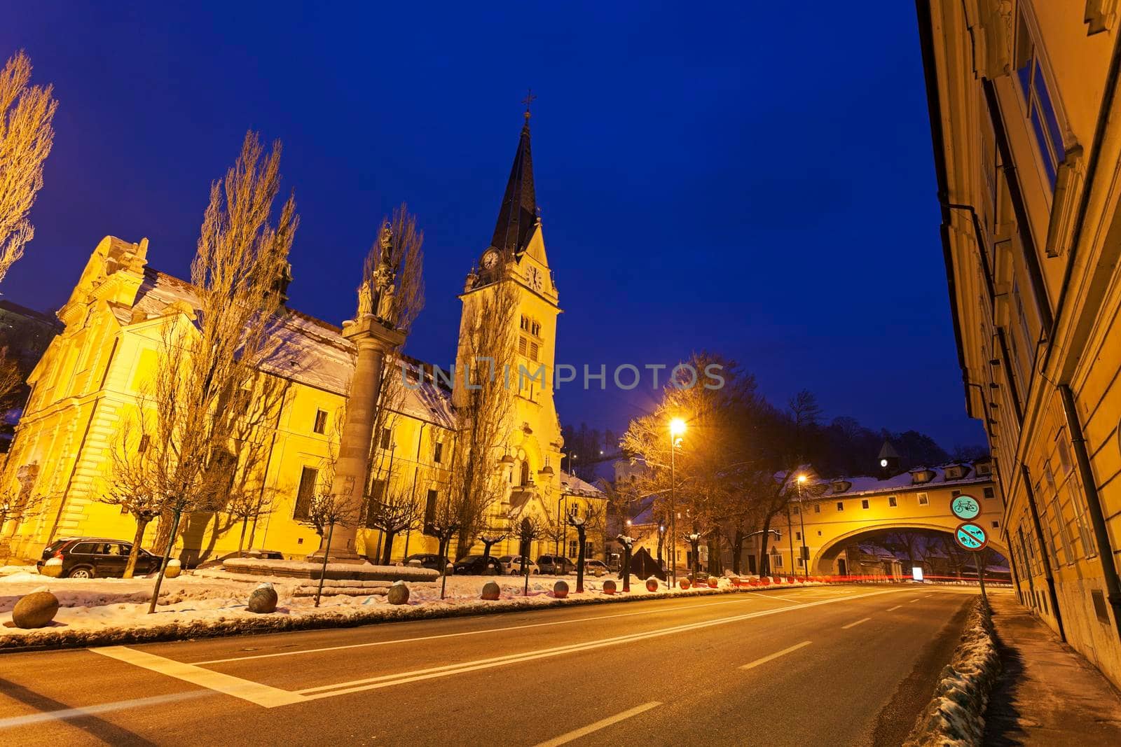 House over Karlov road and St. James's Parish Church. Ljubljana, Slovenia