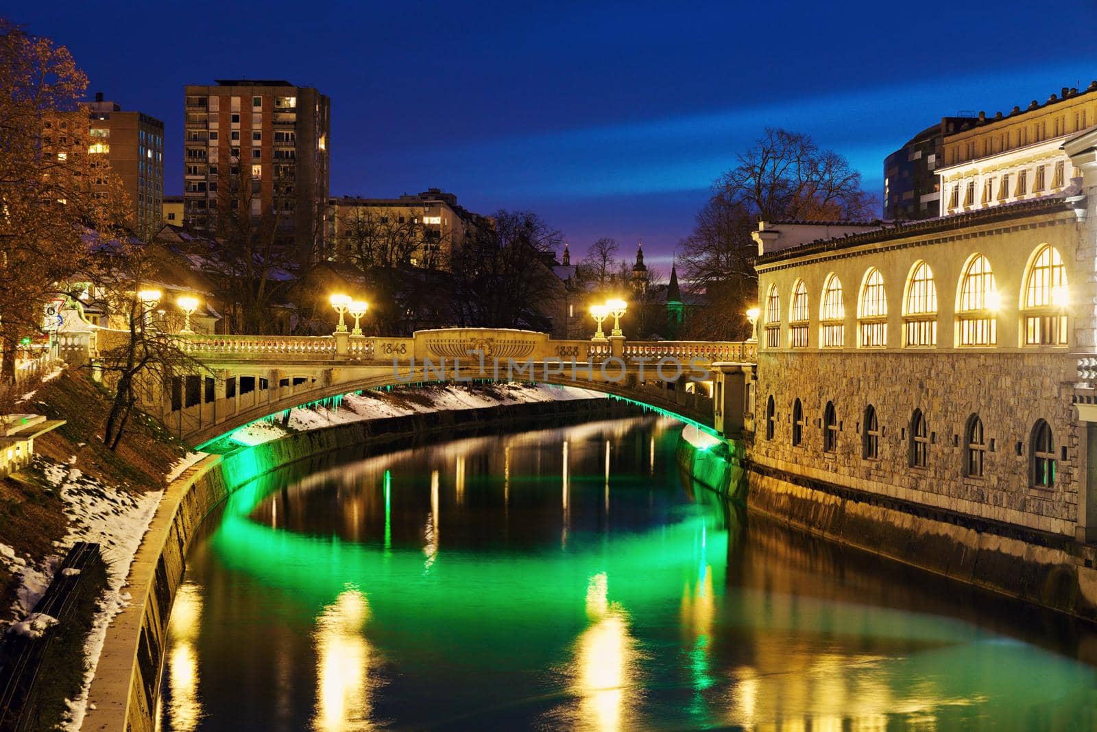 Bridges on Ljubljanica River at night. Ljubljana, Slovenia