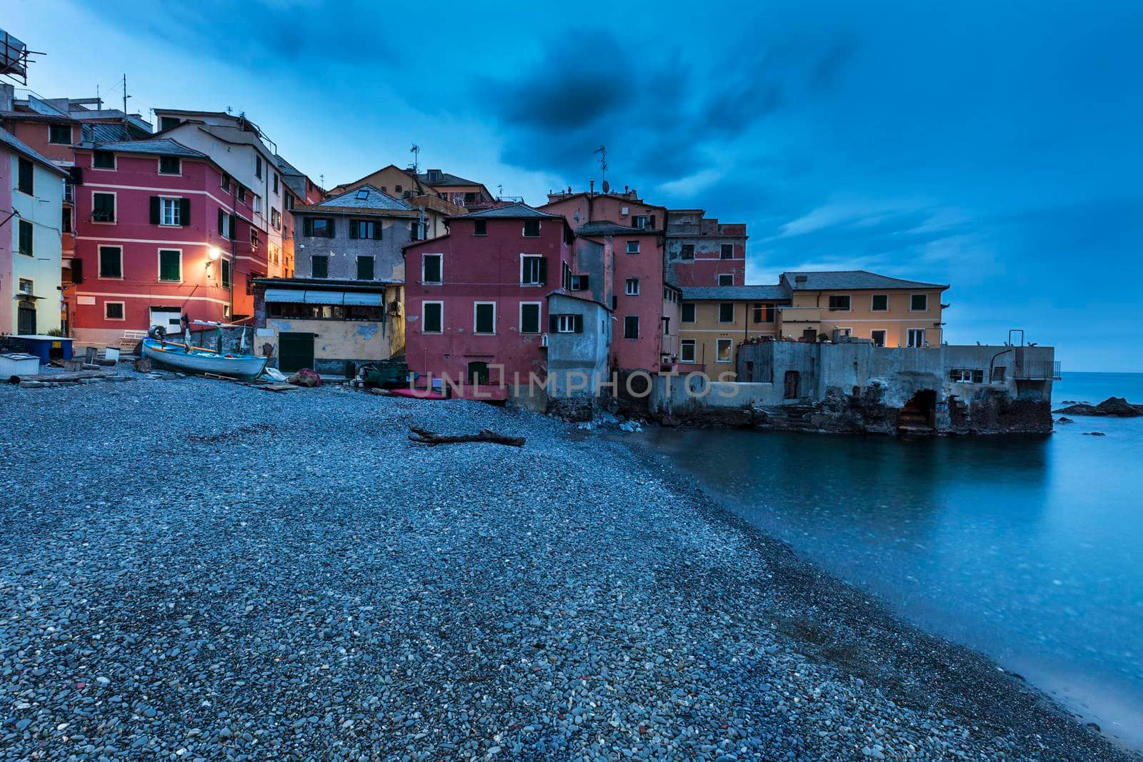 Boccadasse harbor in Genoa before sunrise. Genoa, Liguria, Italy,