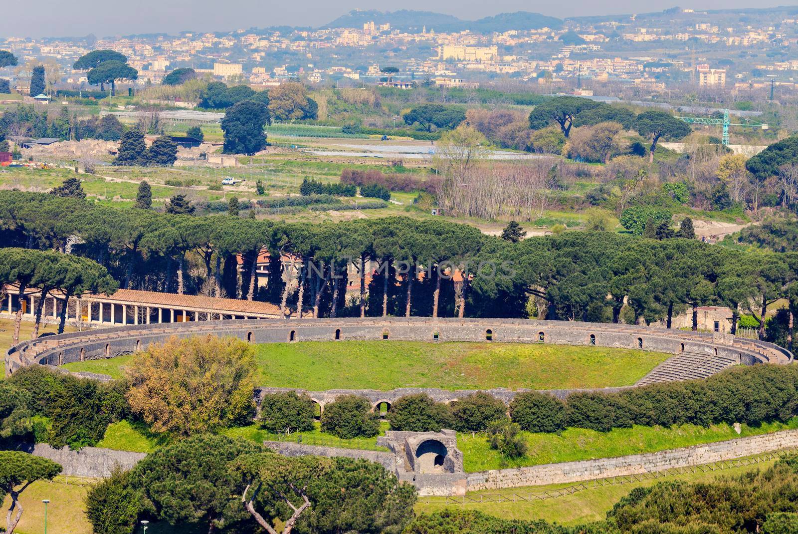 Amphitheatre of Pompei - aerial view. Pompei, Campania, Italy.