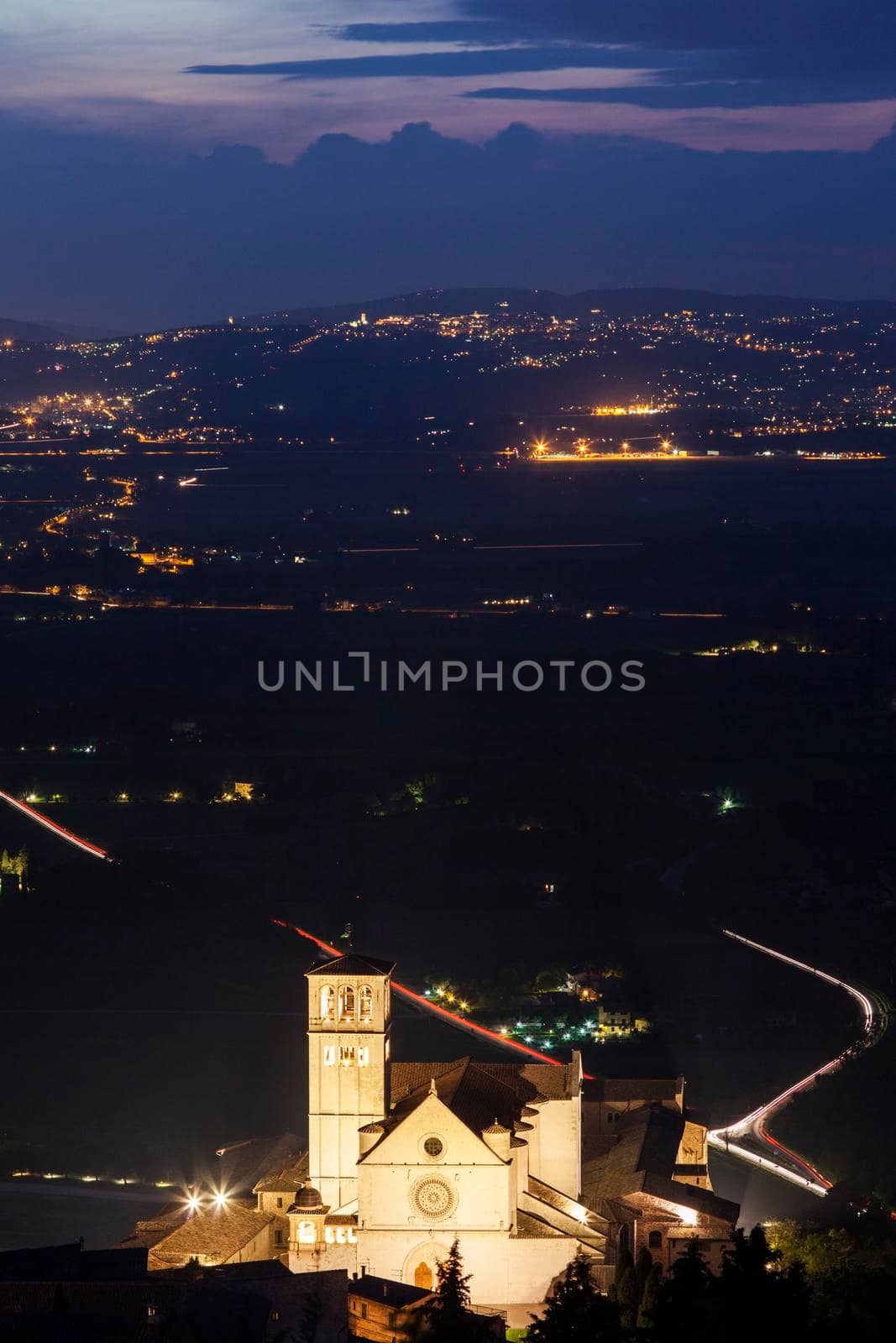 Basilica of St. Francis of Assisi at night. Assisi, Umbria, Italy