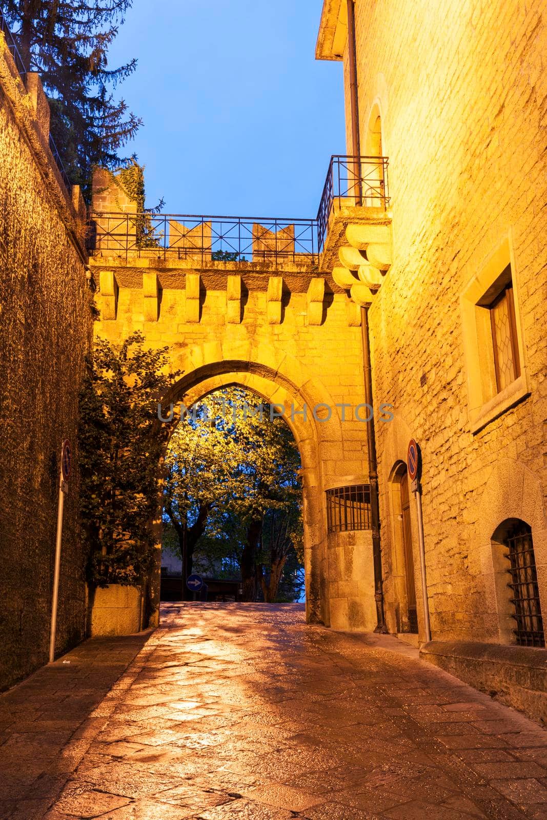 Arch gate in San Marino at dusk. San Marino, San Marino