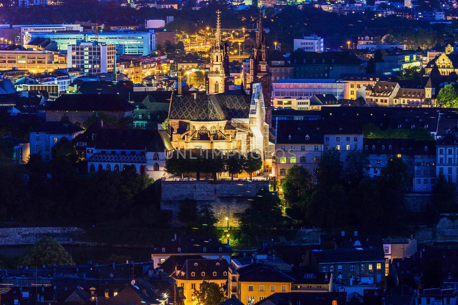 Aerial panorama of Basel at night. Basel, Basel-Stadt, Switzerland.