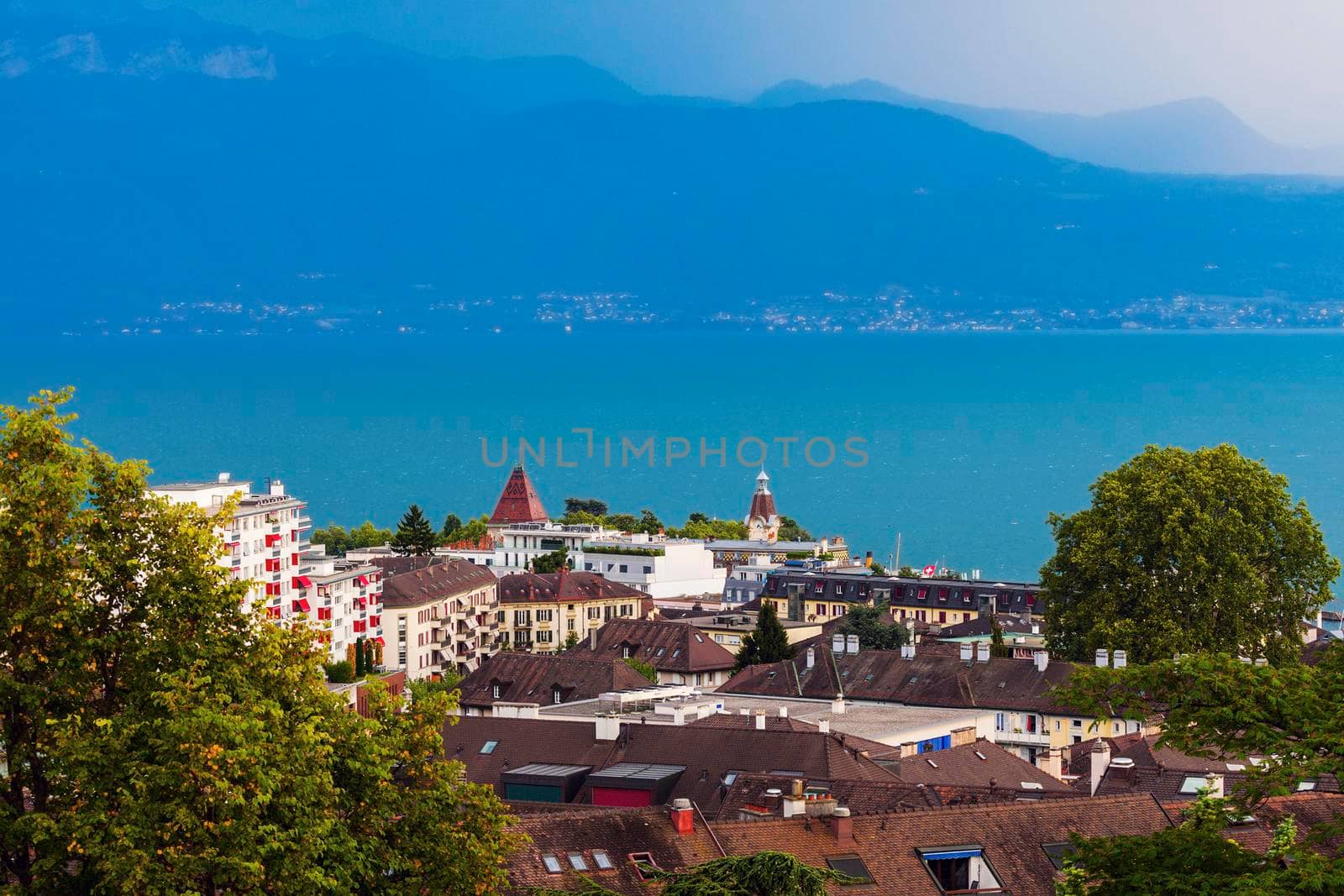 Lausanne architecture and Lake Geneva. Lausanne, Vaud, Switzerland.